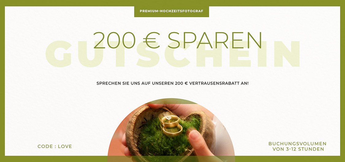 Rabatt-Gutschein für Hochzeitsfotos, im Wert von 200€ für Brautpaare